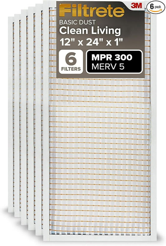 Filtrete 12x24x1 Air Filter MERV 5, 6-Pack AC Furnace Filters for Home HVAC, MPR 300 Basic Dust Defense, Removes Lint & Household Dust, 3-Month Pleated Electrostatic (Actual Size 11.69x23.69x0.81 in)