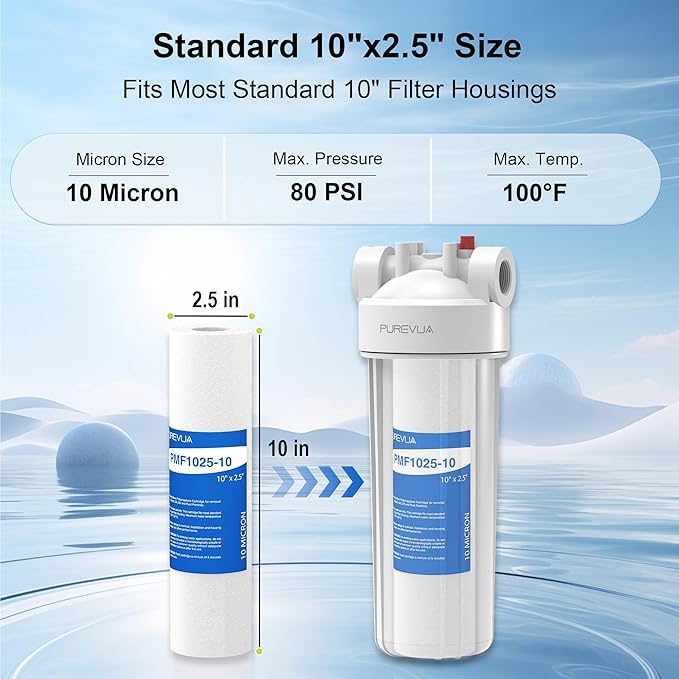 10 Micron 10" x 2.5" Sediment Filter, Whole House Water Filter Cartridge Replacement for Any 10 inch RO Unit, Compatible with Culligan P5, GE FXUSC, WFPFC5002, AP110, WHKF-GD05, Pack of 6