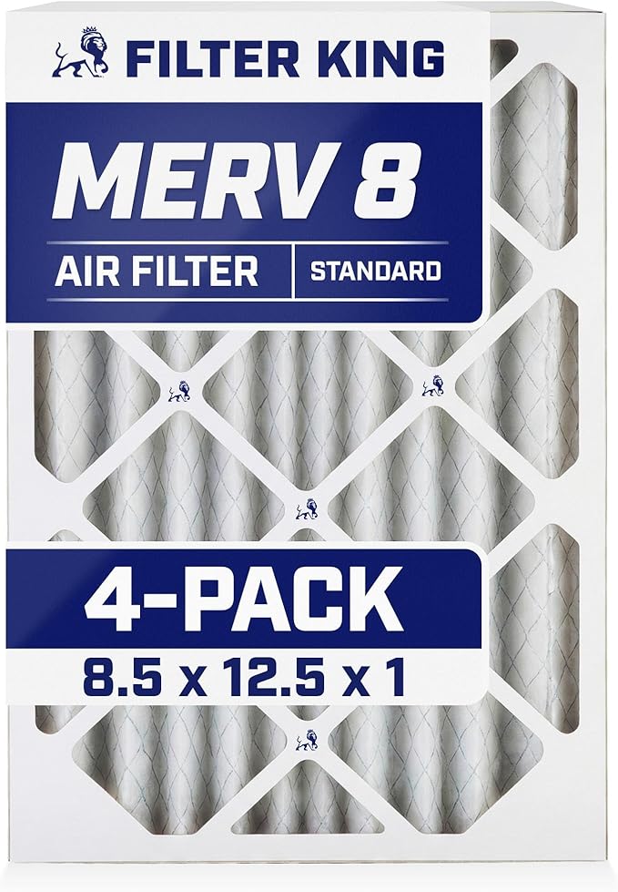 Filter King 8.5x12.5x1 Air Filter (MERV 8) (4-Pack) Dust & Allergy Control AC Furnace Filters, MADE IN USA, HVAC, Pleated, Electrostatic (Actual Size: 8.5 x 12.5 x .75)