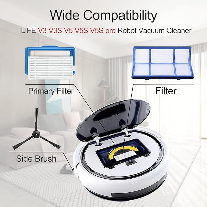 ilovelife Replacement Filter & Brush Accessories Compatible with ILIFE V3s, V3s pro, V5s, V5s pro Robot Vacuum Cleaner, 10 Filters + 10 Side Brushes