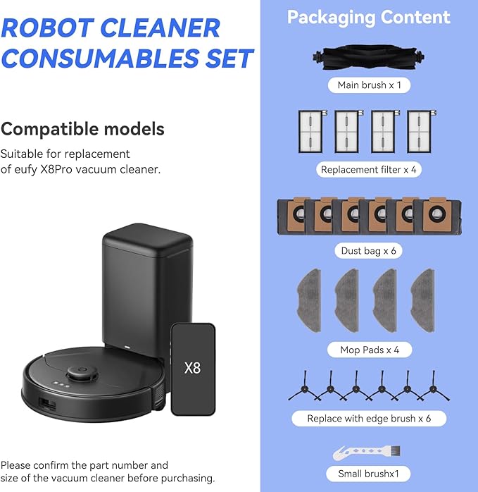 Replacement Parts for Eufy X8 Pro: Compatible with Eufy X8 Pro Series Robot Vacuum Cleaner - 1 Main Brushes,1 Brush, 4 Hybrid Accessory Filters, 6 Side Brushes,4 Mop Pads, 6 Vacuum Bags（22 Pcs）