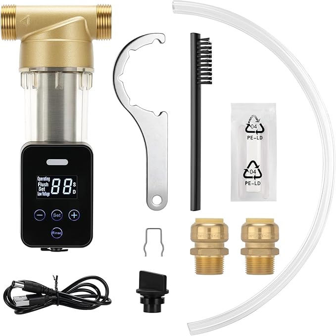 50/100 Micron Spin Down Sediment Water Filter, Plug - in with Touch - Screen Auto Flushing, Brass Valve, 3/4" FNPT x 1" MNPT, Reusable Whole House Sediment Filter for Well Water