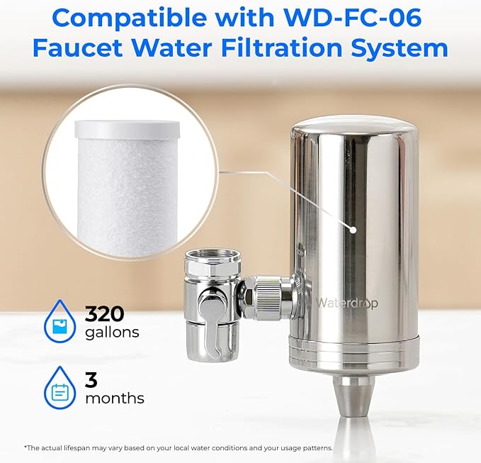 Waterdrop WD-FF-03A Faucet Replacement Filter, Carbon Block Filter Fits WD-FC-01, WD-FC-02, WD-FC-06, Reduces Chlorine, Heavy Metals and Bad Taste, Pack of 3