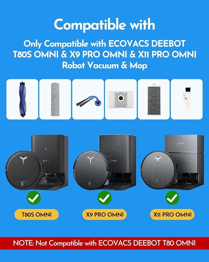 X9 Pro Omni Accessories kit Compatible with ECOVACS DEEBOT T80S Omni/X9 Pro Omni/Yeedi S16 Plus Vacuum, Replacement Parts: 1 Main Brush, 4 Side Brush, 4 Filter, 2 Mop Roller(No X9S PRO/No T80 Omni)