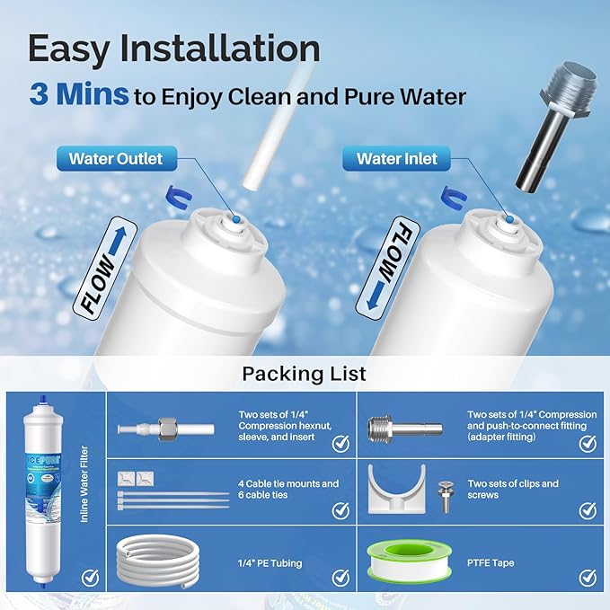 ICEPURE Inline Water Filter for Refrigerator and Ice Maker with 1/4-Inch Direct Connect Fittings, NSF Certified Drinking Water Filtration System for RV, RO System, Reduces Chlorine, Taste&Odor, 1PACK