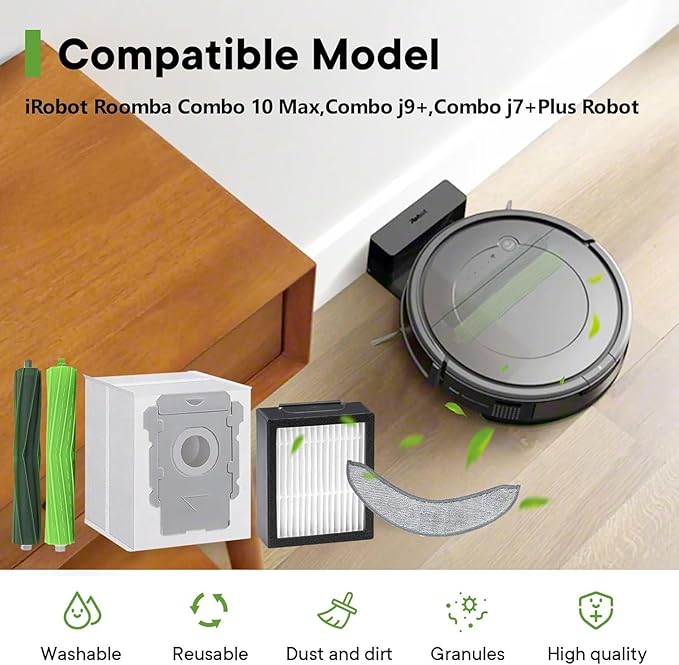 Replacement Parts for iRobot Roomba Combo 10 Max,Combo j9+,Combo j7+/Plus Vacuum (Only Combo Series), 2 Brushes+2 Mop Pads+4 Filters&Side Brushes&Bags