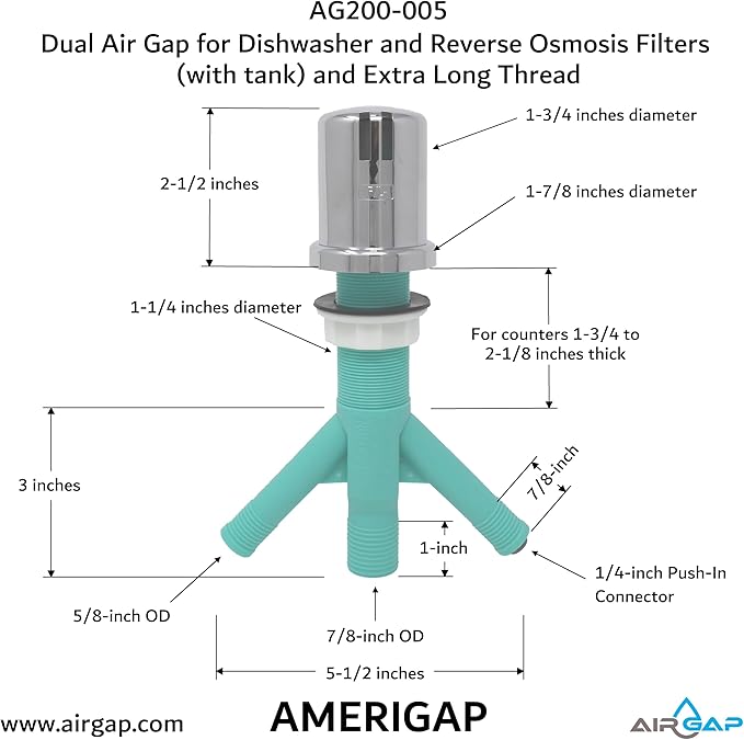 Dual Air Gap for Dishwasher and Reverse Osmosis Filters (with tank) and Extra Long Thread (AG200-005, AG200-002, T52 RO KIT, AMERIGAP)