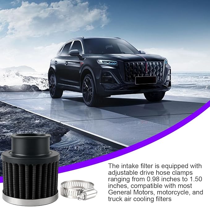 Car Air Intake Filter, 1" 25mm Inlet Valve Cold Air Intake Filter Cleaner with Adjustable Clamp, Hight Flow Performance Auto Crankcase Breather Filter Replacement, Universal Fit (Black)