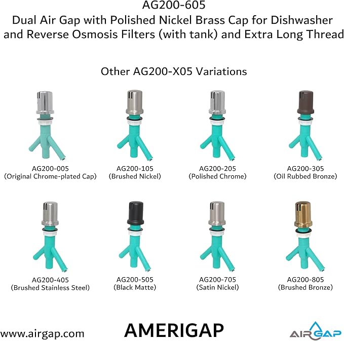 Dual Air Gap with Polished Nickel Brass Cap for Dishwasher and Reverse Osmosis Filters (with tank) and Extra Long Thread (AG200-605, AG200-X05, AMERIGAP)