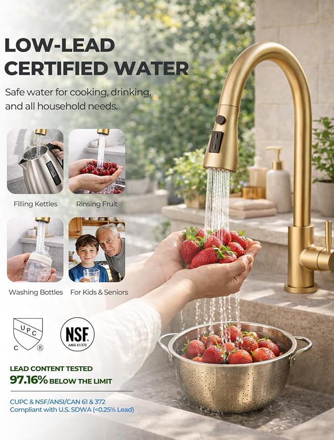 WEWE Kitchen Faucets with Pull Down Sprayer, Stainless Steel Single Handle 1 Hole for Family Kitchen Commercial Camper Laundry Rv Bar, Gold