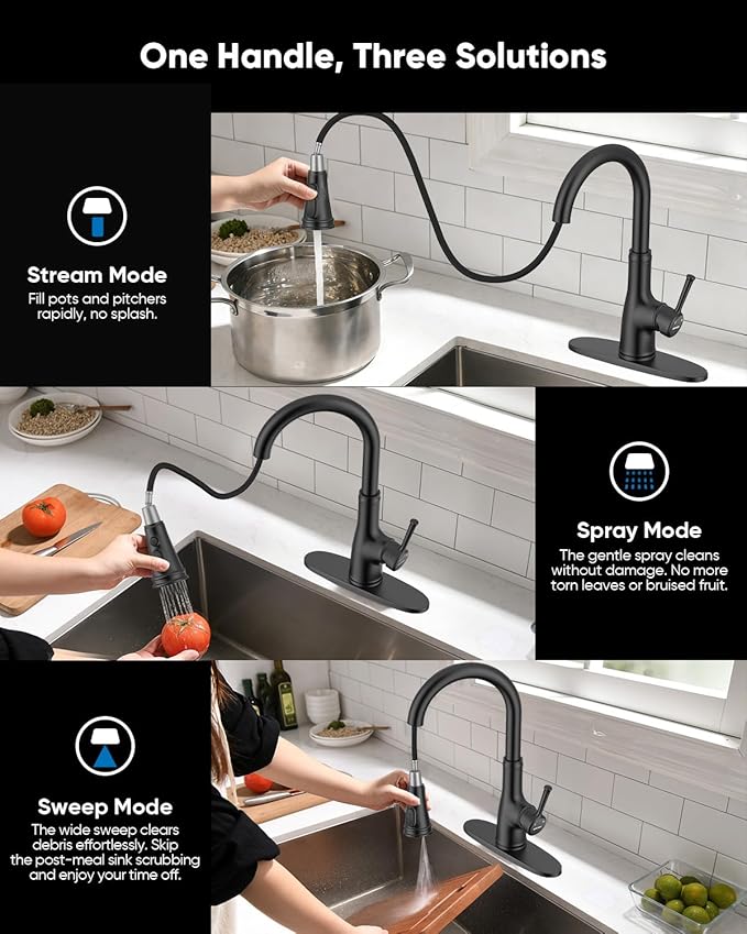 WEWE Vintage Kitchen Faucet with Pull Down Sprayer, Stainless Steel 1 or 3 Hole High Arc Single Handle Antique Sink Faucet for Classic Modern Ktichen, Matte Black Bar & Prep Sinks