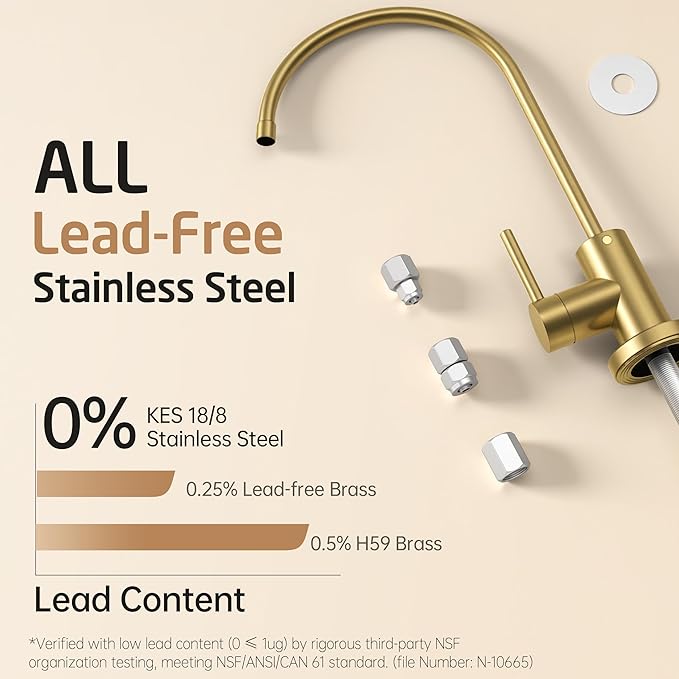 KES NSF Certified All Metal Drinking RO Water Faucet for Kitchen Sink, Lead-Free 18/8 Stainless Steel Reverse Osmosis Faucet, Water Filter Faucet for Most RO Water System, Non-Air Gap, Brushed Gold