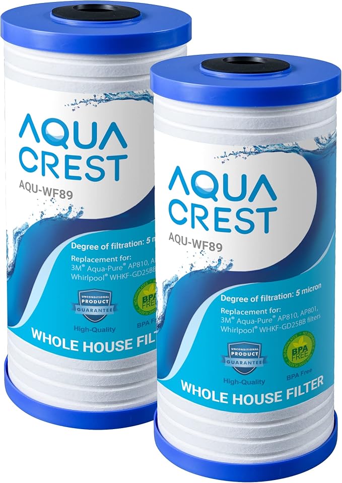 AQUA CREST AP810 Whole House Water Filter Replacement for 3M® Aqua-Pure AP810, AP801, AP811, Whirlpool® WHKF-GD25BB, WHKF-DWHBB, 5 Micron, 10" x 4.5", Well & Tap Water Filter, Pack of 2