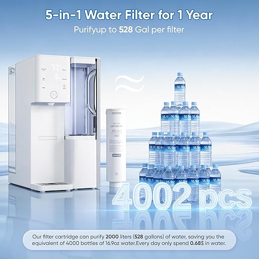 Reverse Osmosis Water Filter Countertop with Instant Hot Water, 4:1 Pure to Drain Ratio, TDS & Filter Life & Autofill Pitcher, 4 Temperature Settings (59℉-197℉), No Installation for Home/RV/Office