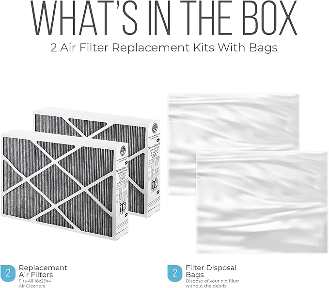 Lennox 16x25x5 Furnace Filter, X6672 Filter Replacement, Merv 16 Carbon Clean with Homequip Disposal Bag 2-Pack (Actual Size: 15.8 x 24.8 x 4.3 Inches)
