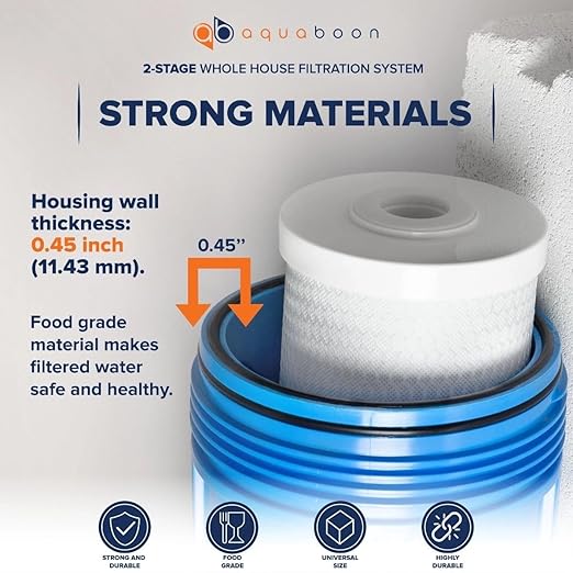 Aquaboon 2-Stage Whole House Water Filter System with 5 Micron 10x4.5 Sediment/Anti-Scale and KDF Heavy Metals Water Filter Purification Cartrige, Pressure Gauges, Wrench, Bracket