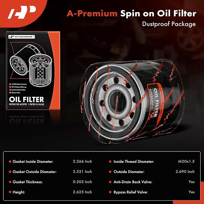 A-Premium 10K Miles Protection Spin On Oil Filter Compatible with Ford & Chevy & for Toyota & for Honda & Nissan & Subaru & Kia & Mazda & Mitsubishi & Infiniti & Smart, Replace# 15208AA09A, PH6607