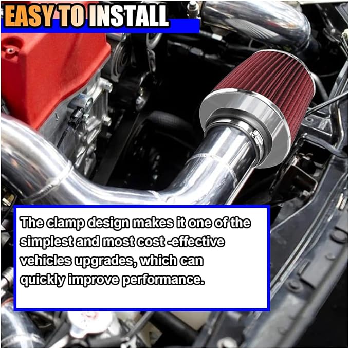 Universal Clamp-On Air Intake Filter, High Flow Closed-Top Cool Air Filter Cleaner, 76 89 102MM Performance Round Tapered Cone Air Filters, Washable Replacement Filter for Car Truck (Red)