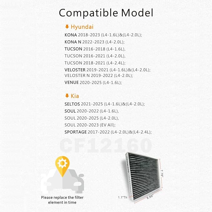 CF12160 Cabin Air Filter Activated Carbon Compatible with Hyundai Kona/Kona N 2018-2023/Tucson 2016-2021,Compatible with Veloster N 2019-2022/Venue 2020-2025, Kia Seltos/Soul 2020-2024