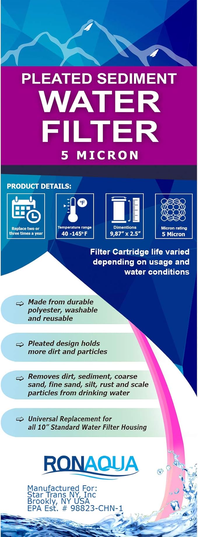 Pleated Sediment Water Filter Cartridge 9.87”x 2.5” Amplified Surface Area, Removes Sand, Dirt, Rust, Extended Filter Life WELL-MATCHED with WHKF-WHPL, 801-50, WB-50W, WFPFC3002, SPC-25-1050 (4 Pack)