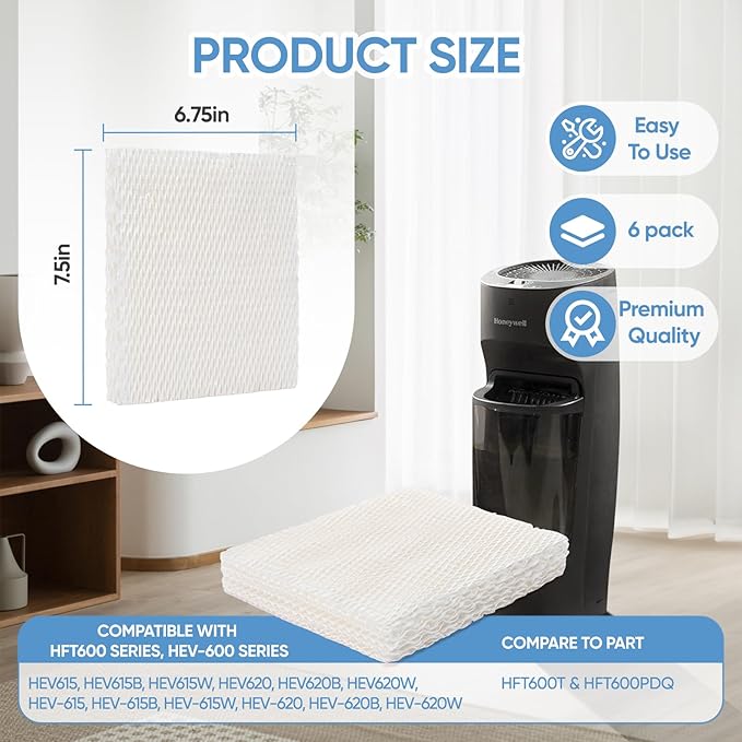 HFT600 6 Pack Humidifier Wicking Filter T Replcement Compatible with Honeywell HEV615 HEV620 Humidifier, Compared to Part HFT600T HFT600PDQ Wicking Filter, White