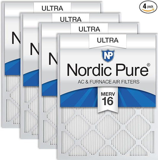 Nordic Pure 25x25x1 (Actual Size: 24 1/2 x 24 1/2 x 3/4) Pleated Ultra MERV 16 AC Furnace Air Filters–With 2.5X More Media for Allergy & Dust Relief, Max Efficiency & Low Airflow Resistance 4 Pack