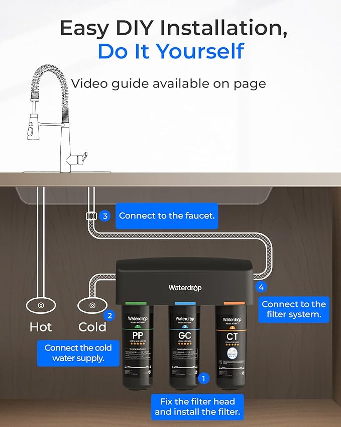 Waterdrop TSA 8 Layer Under Sink Water Filter System, Under Sink Water Filtration System, Reduces PFAS, PFOA/PFOS, Fluoride, Chlorine, Bad Taste & Odor, NSF/ANSI 42 Certified Element, USA Tech