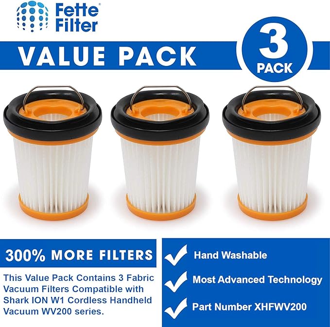 Fette Filter - Fabric Vacuum Filter Compatible with Shark ION W1 Cordless Handheld Vacuum WV200, WV201, WV205, WV220. Compare to Part # XHFWV200 (Pack of 3)