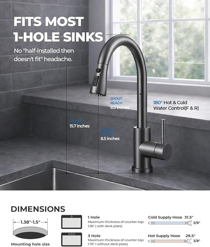 WEWE Kitchen Faucets with Pull Down Sprayer, Stainless Steel Single Handle 1 Hole for Family Kitchen Commercial Camper Laundry Rv Bar, Matte Gray