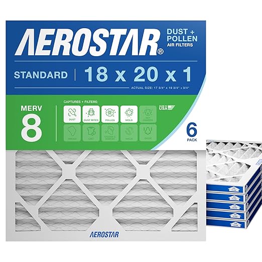 Aerostar 18x20x1 MERV 8 Air Filter, 6 Count, ACTUAL SIZE (17.50 x 19.50 x 0.75), HVAC, Air Conditioning & Furnace Filter Captures Dust, Lint & Pollen (MPR 600 / FPR 5), Made in USA