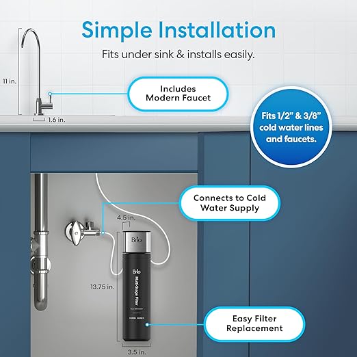 Brio 11" Undersink Water Filtration System for Sink Faucet Drinking Water | 3 Stage Single Housing Filter (0.5 Micron) with Faucet | 10,000 Gallons or 2 Years | Filters Dirt, Chlorine, Lead, Mercury+