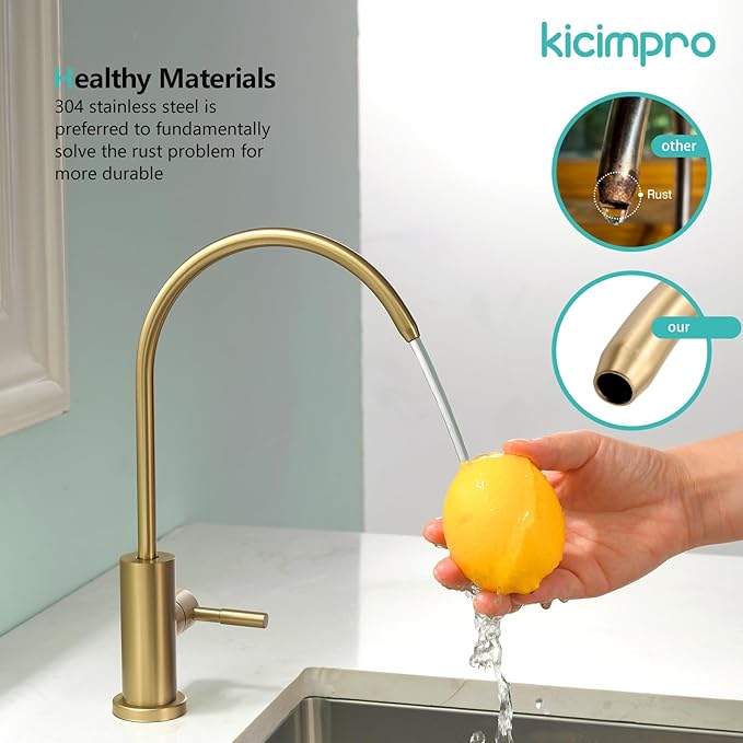Gold Reverse Osmosis Faucet Kicimpro Kitchen Water Filter Faucet Non-Air-Gap Drinking Water Bar Faucet 304 Stainless Steel Gold Finish Lead-Free