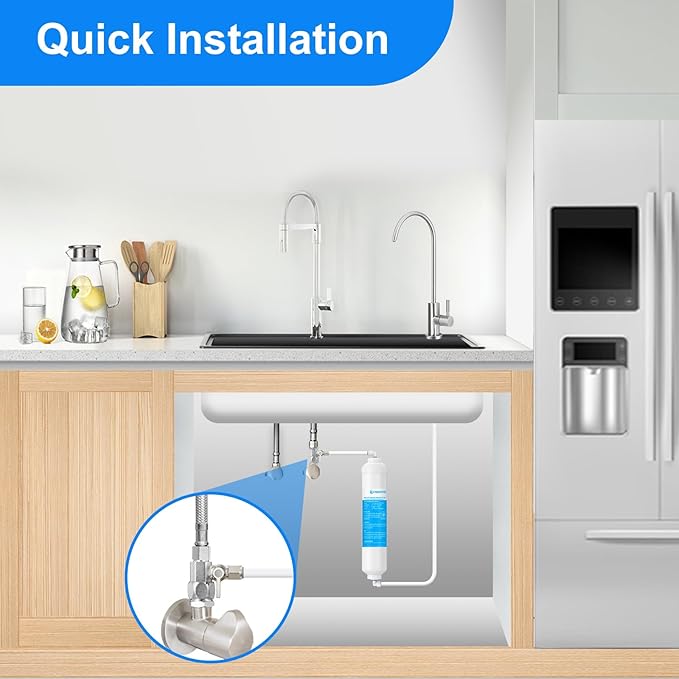 Under Sink Water Filter - Water Filter Kit and Feed Valve for Home Bar and Washbasin,Reduce Chlorine,Bad Taste&Odor,A Perfect Choice for Countertop Ice Maker,Coffee Maker and Skin Care