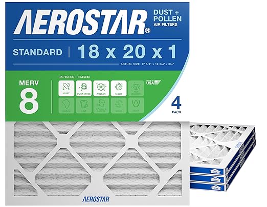 Aerostar 18x20x1 MERV 8 - 4 Count - High Efficiency Pleated HVAC, Furnace & Air Conditioner Filters - Removes Dust, Lint, Mold & Allergy-Causing Pollen