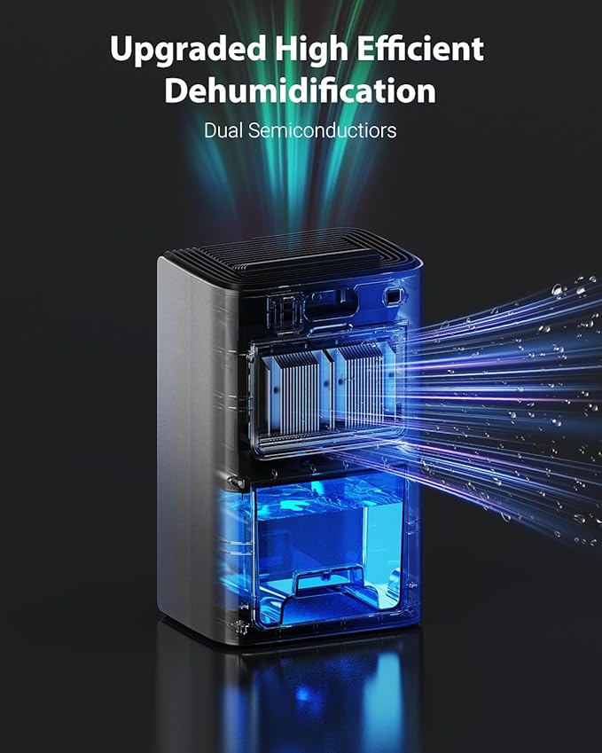 95oz Dehumidifiers for Home, 1000 Sq.Ft Dehumidifier with Drain Hose - Auto Shut Off, Timer, Sleep Mode & Drain Hose - 7 Color Light for Bedroom, Bathroom, RV - Grey