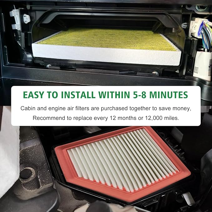 2PCS Cabin Engine Air Filter Kit JM277 JMRA0A Fits for Rogue 2021 2.5L, Rogue 2022 2023 2024 2025 1.5L, 27277-6RC0A, 16546-6RA0A, CF12252