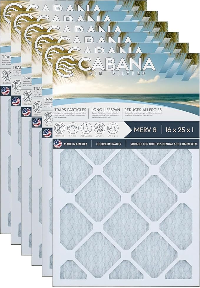 Cabana Filters 6-Pack 16x25x1 MERV 8 AC Furnace Air Filter for Home and Office - Indoor HVAC System Filtration Replacement, Captures Unwanted Particles