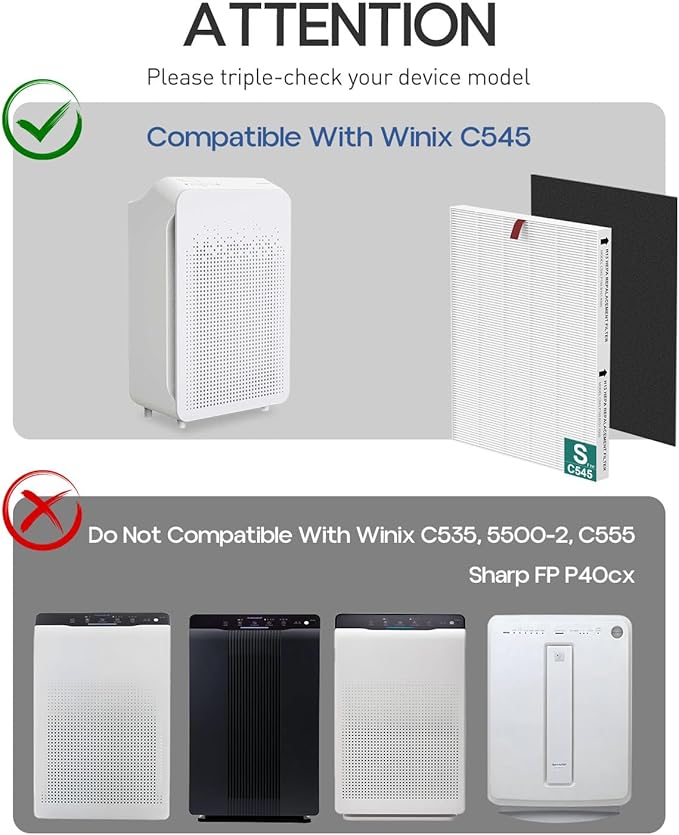 C545 H13 HEPA Replacement Filter S Compatible with Winix C545 Air Purifi-er, Replaces Parts 1712-0096-00 and 2522-0058-00, 4 HEPA Filter S and 8 Activated Carbon Filters