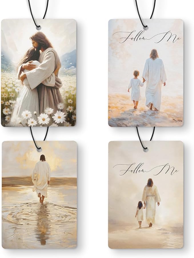 Jesus Christian Car Air Freshener 4 Pcs, Jesus with Children Religious Bible Verse Hanging Air Freshener for Cars Closet Drawer Books, Christian Car Accessories for Women Girls