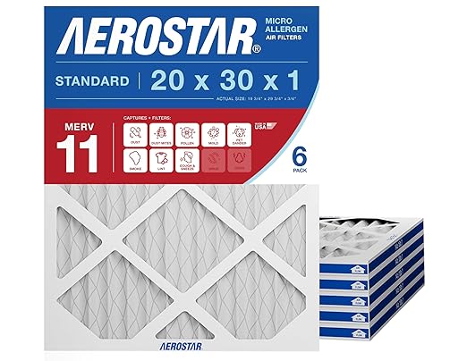 Aerostar 20x30x1 MERV 11 - 6 Count - Pleated HVAC, Furnace & Air Conditioner Filters - Removes Dust, Cold & Flu Germs, Lint, Mold, Pet Dander, Allergy-Causing Pollen, Smog & Smoke