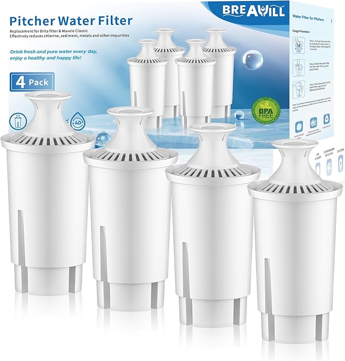 Water Filter Replacement Compatible With Brita® Filter, Classic, OB03, Mavea® 10700, 35557, Water Pitcher Filter by BREAUILL, NSF Certified Pitcher Water Filter (4PCS, Classic Style)