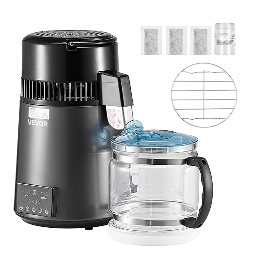 VEVOR Water Distiller, 4L /1.1 Gallon Pure Water Distilled for Home Table Countertop, 750W Distilling Maker with Glass Carafe, Stainless Steel Interior Drinking Machine to Make Clean Waters, Grey