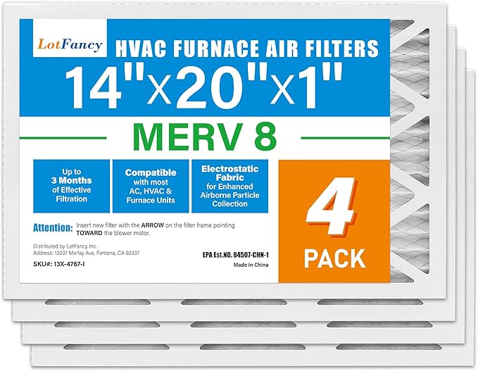LotFancy 14x20x1 Air Filter MERV 8 4-Pack, Electrostatic Pleated Furnace & AC Filter, Captures Dust, Pet Hair, Pollen, Actual Size: 13.75"x19.75"x0.75"