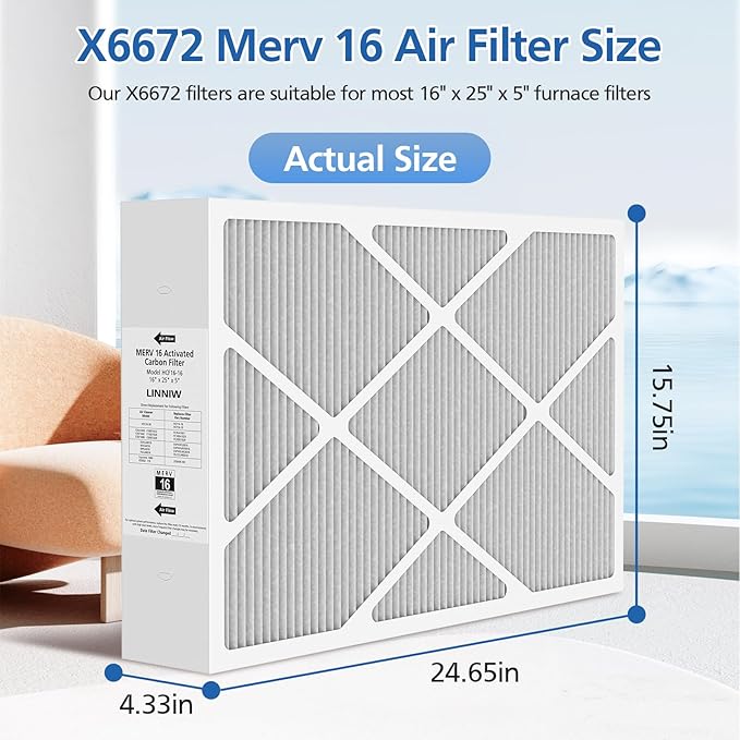 1 Pack X6672 16x25x5 MERV 16 Filter Compatible with Lennox X6672 and Lennox HCC16-28 Healthy Climate Carbon Clean MERV 16 Home Furnace Filter for HVAC System, Part Number HCF16-16, HCF16-10