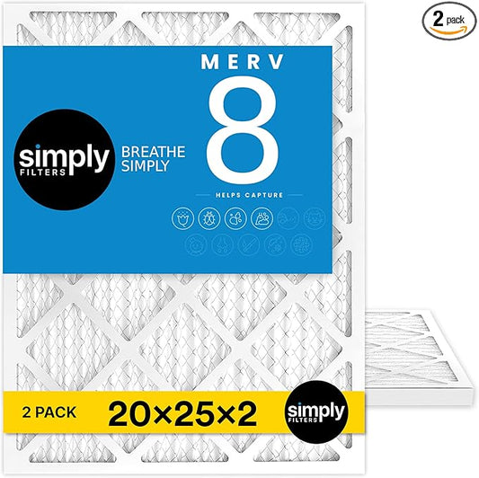 Simply 20x25x2 Air Filter, MERV 8, MPR 600, 2 Pack, Furnace Air Filter for HVAC (Actual Size: 19.5"x24.5"x1.75") DUST, Pet & Allergy Control