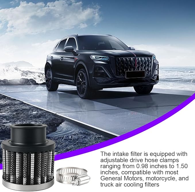 Car Air Intake Filter, 1" 25mm Inlet Valve Cold Air Intake Filter Cleaner with Adjustable Clamp, Hight Flow Performance Auto Crankcase Breather Filter Replacement, Universal Fit (Carbon Fiber)