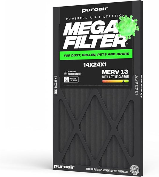 PuroAir MegaFilter - 14x24x1 Air Filter MERV 13 Activated CarbonTech Defense - Heavy Duty 3 Layer Furnace Filters Allergens, Pollen, Dust, Pet Dander, Smoke, Odors - HVAC Air Filter 14x24x1 (1-Pack)