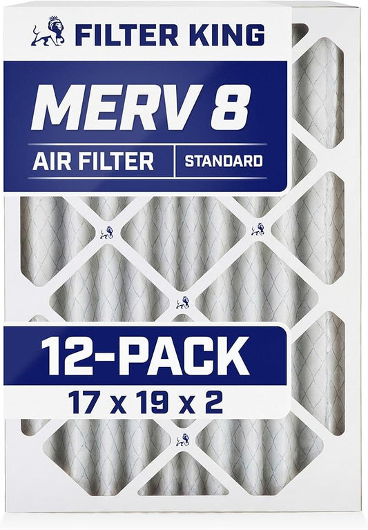 Filter King 17x19x2 Air Filter (MERV 8) (12-Pack) Dust & Allergy Control AC Furnace Filters, MADE IN USA, HVAC, Pleated, Electrostatic (Actual Size: 17 x 19 x 1.75)