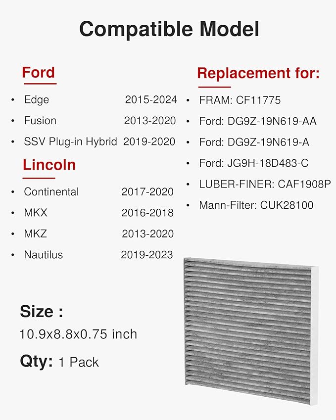 Puroma Cabin Air Filter with Activated Carbon, Replacement for CF11775, Ford Edge, Fusion, SSV Plug-in Hybrid, Lincoln Continental, MKX, MKZ, Nautilus