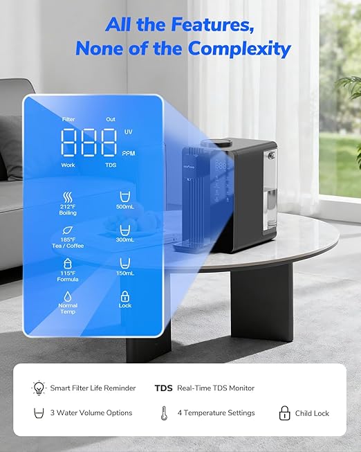 Ecoviva Countertop Reverse Osmosis Water Filter with UV - 7-Stage Purification, Instant Hot Water (212°F), Real-Time TDS, 3:1 Pure to Drain, Desktop Water Purifier Ideal for Apartment & Dormitory